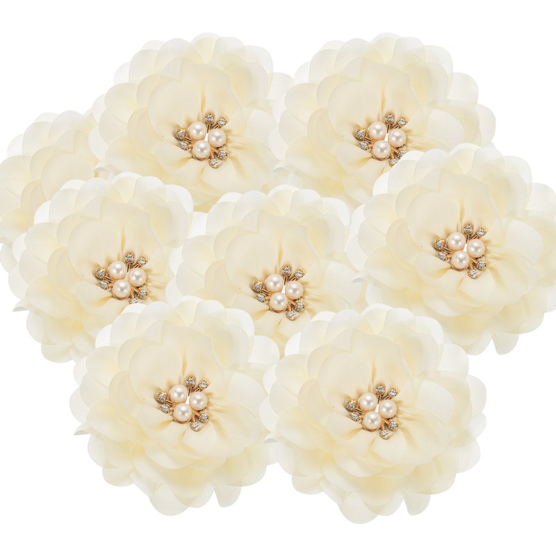 10Pcs 3.15 Inch Rhinestone Chiffon Flower Fabric Appliques Beige White