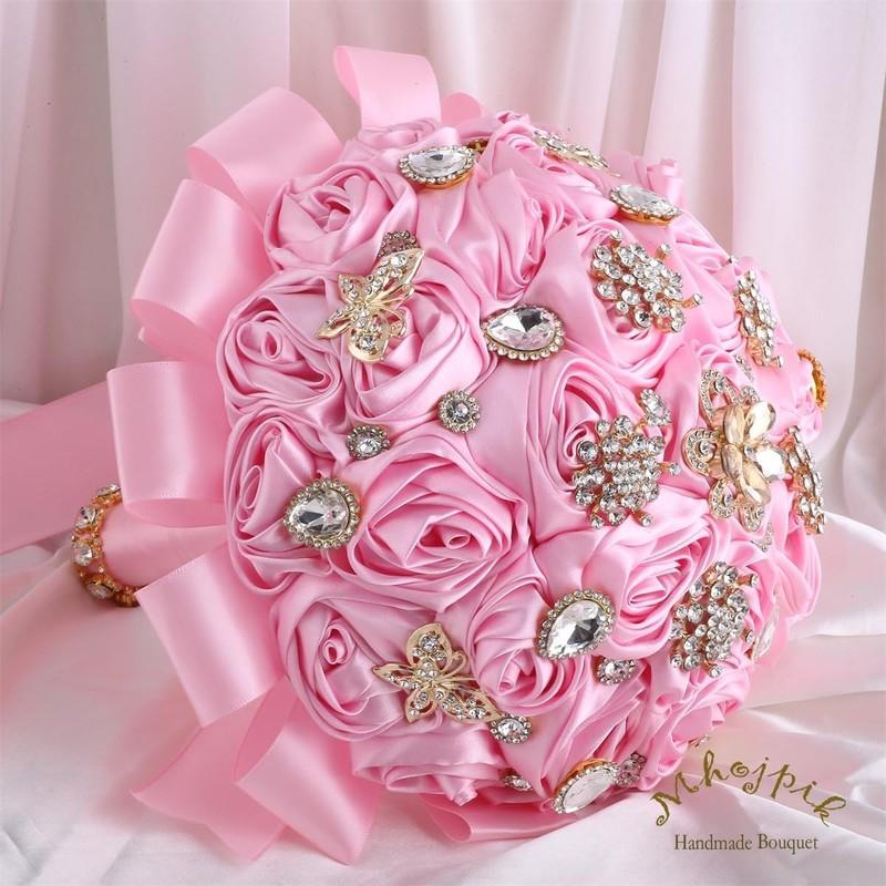 Mhojpik 7.5 Pink Bridal Wedding Bouquet Round Bling Brooch Bouquet Throw Toss gallery