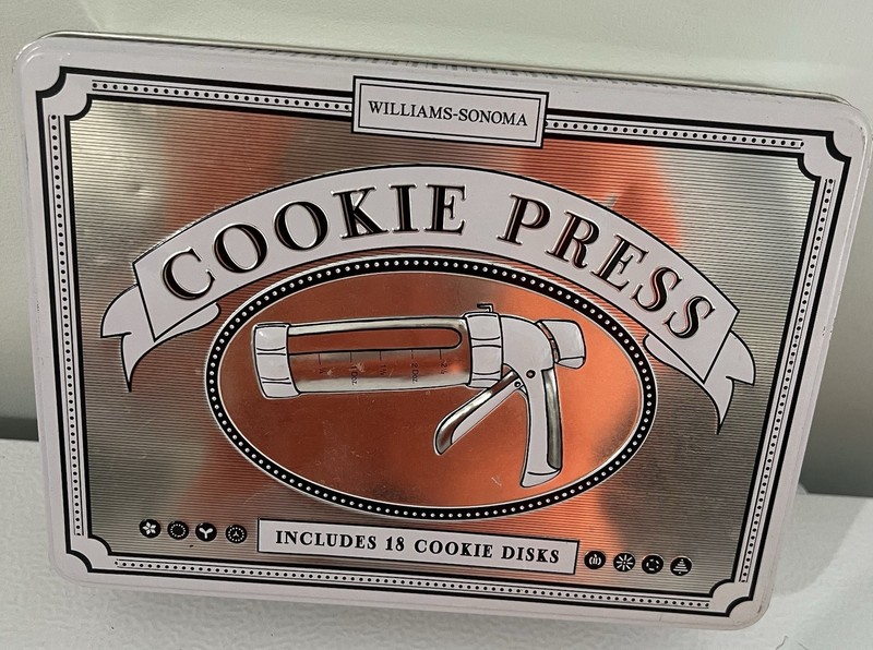 Williams-Sonoma Cookie Press Set w/ 18 Disks Stainless Tin + Instructions 9″