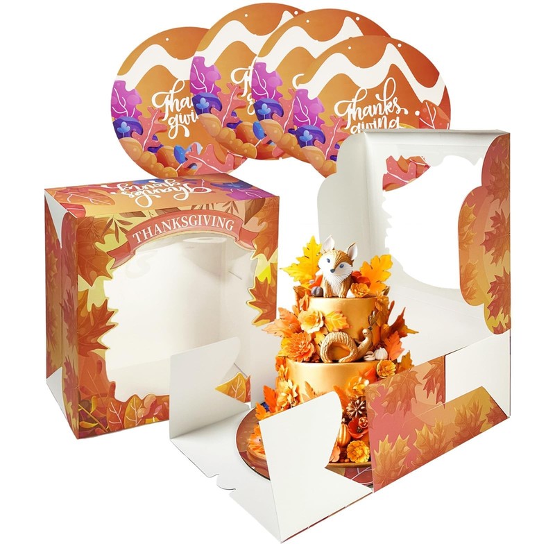 18 Sets Thanksgiving Cake Boxes With Boards 10x10x5 Inch Orange Maple Leaf