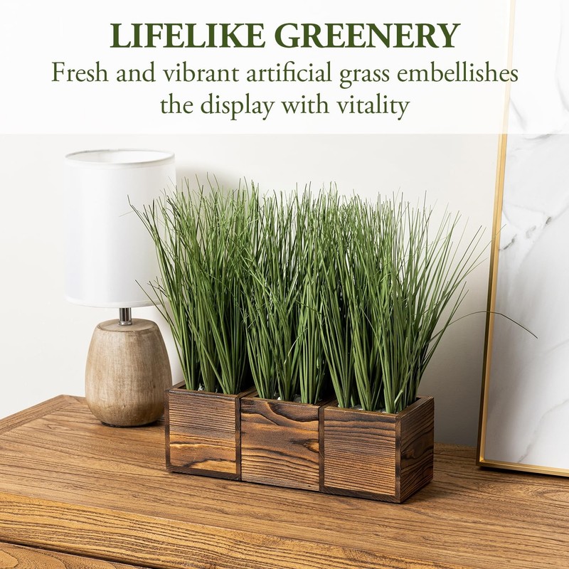 Mygift Artificial Green Grass Plants Trio In Rustic Burnt Solid Wood Planter gallery