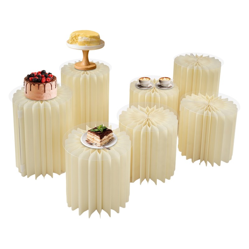 7-Piece Foldable Paper Column Flower Stands With Clear PVC Tops, Beige 2 Heights gallery