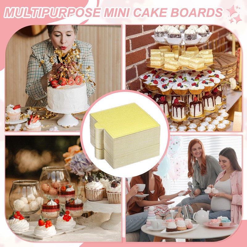 50 Pcs Mini Cake Boards, 2.8 Inch Square Mousse Cake Base, Floral Gold gallery