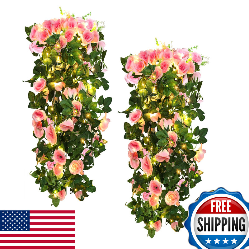 Recutms Hanging Flowers Artificial Rose Flower 2Pcs 3.3Ft For Outdoors 30 Led
