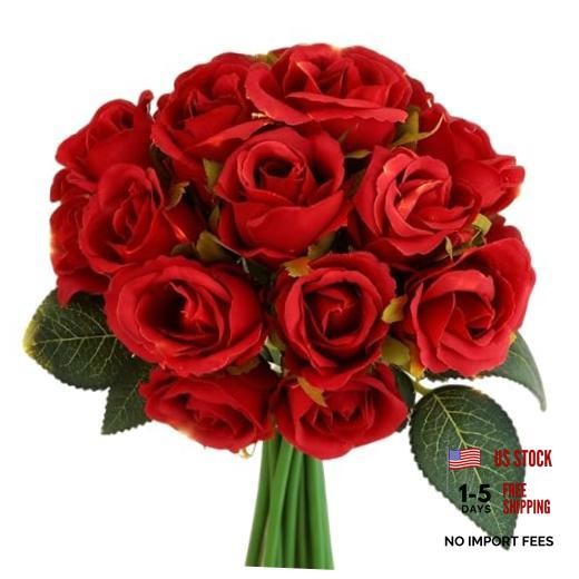 Artificial Roses Fake Flowers 12 Heads Arrangement Silk Bouquet for Red New