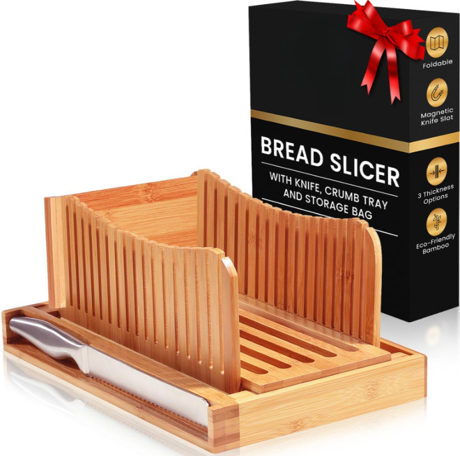 Cortador de pan ajustable de bambú con cuchillo, guía plegable y bandeja, Nuevo
