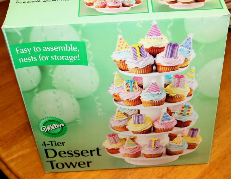 Wilton: 4 TIER DESSERT TOWER #307-856 – New – 16″ Tall – White – Fruits, Cupcake