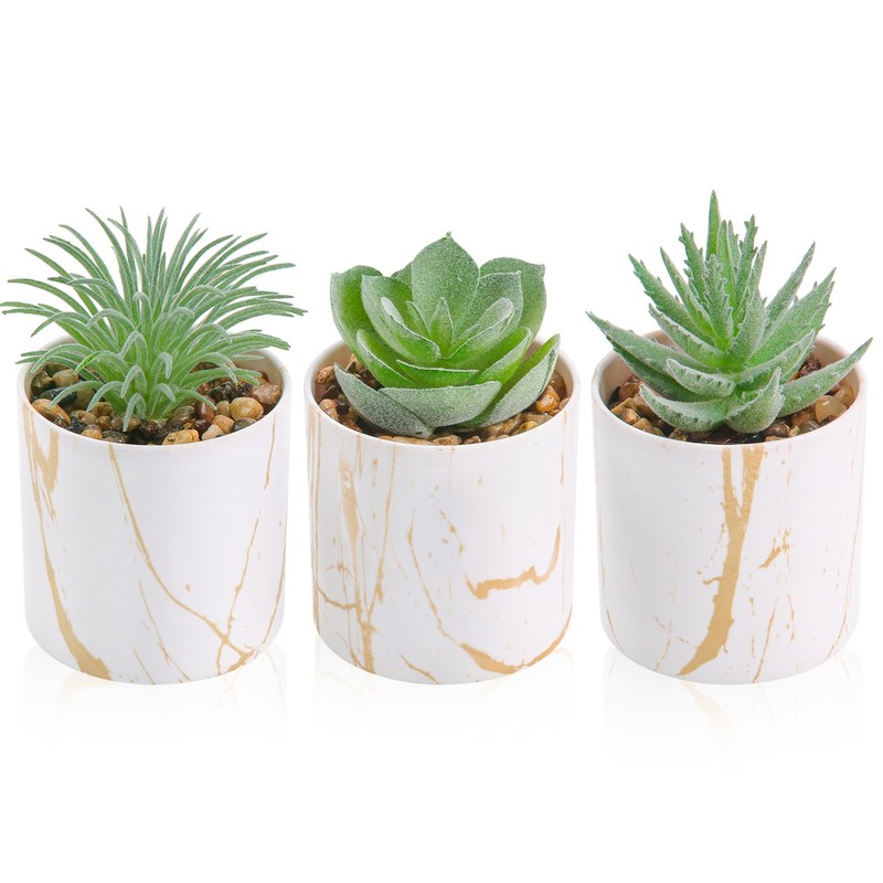 Der Rose 3 Pack Fake Succulent Plants in Gold Accent 3.5″H × 2.2″W, Green