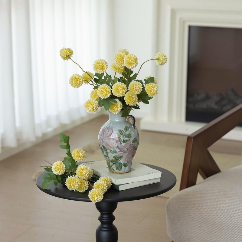 Mizii 6Pcs Yellow Fake Silk Pompon Mum Artificial Flowers Bulk Small Faux gallery