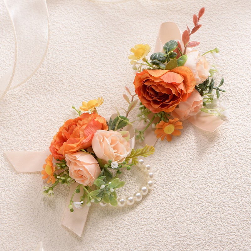 1-Set Wrist Corsage and Boutonnieres Set, Artificial Camellia Flower [Orange] gallery