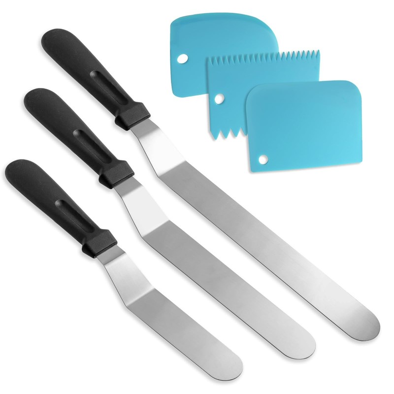 Litoexpe 6 Pack Stainless Steel Icing Spatulas with 3 Blue Cake Smoother Scra…