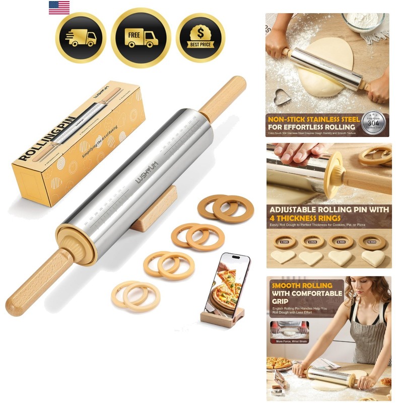 Adjustable Rolling Pin with Thickness Rings 304 Stainless Steel Dough Roller …