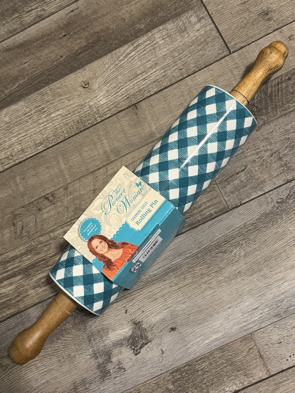 Pioneer Woman Charming Check Ceramic Rolling Pin Teal White Checkered Wood