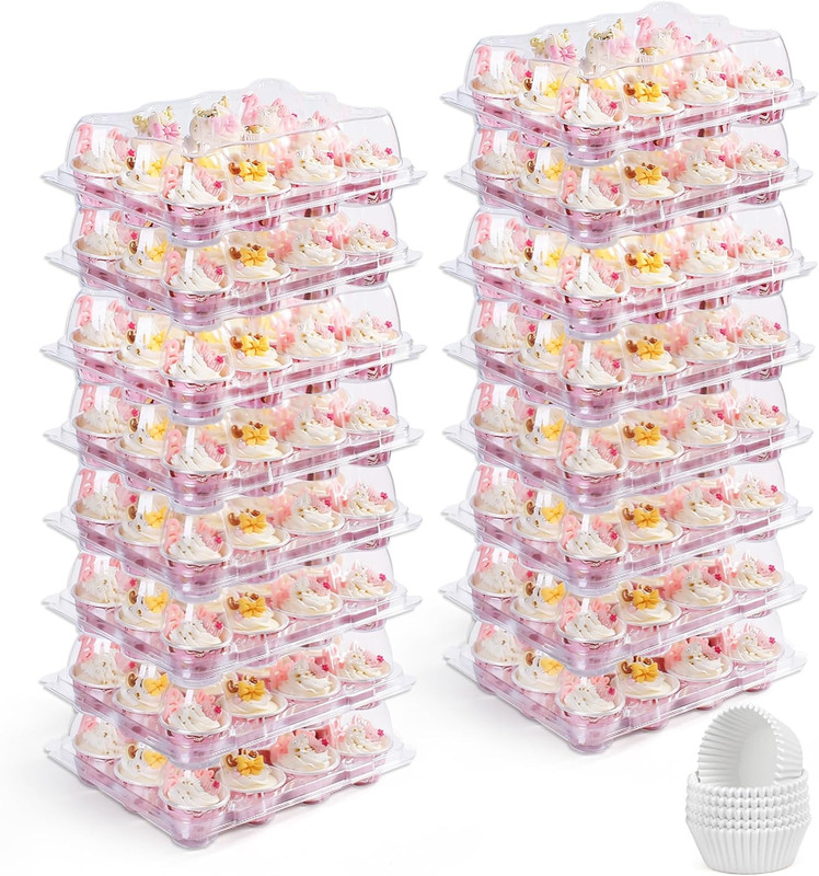 LotFancy (12 Count x 40 Sets) Mini Cupcake Containers with 480 Liners, Clear Pla