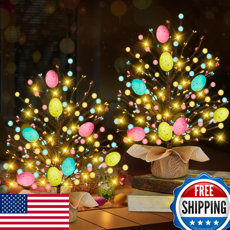 2PK Easter Tree Tabletop Decoration w/ 20 Warm White LED Lights & Timer