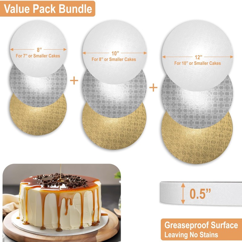 9 Pack Cake Drums 8 10 12 Inch White Silver Gold 1/2 Inch Thick Round Board gallery