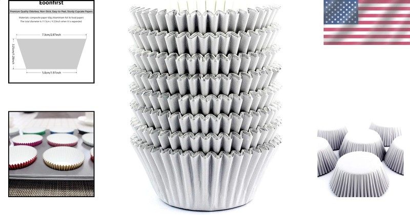 Paper Liners 200 Light Gray Foil Cupcake Muffin, Food-Grade Natural Round Party gallery