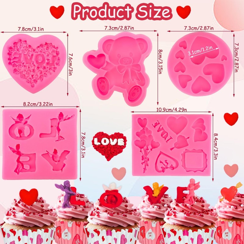 5 PCS Valentine Day Fondant Molds Mini Heart LOVE Angels Rose Bake Decor gallery