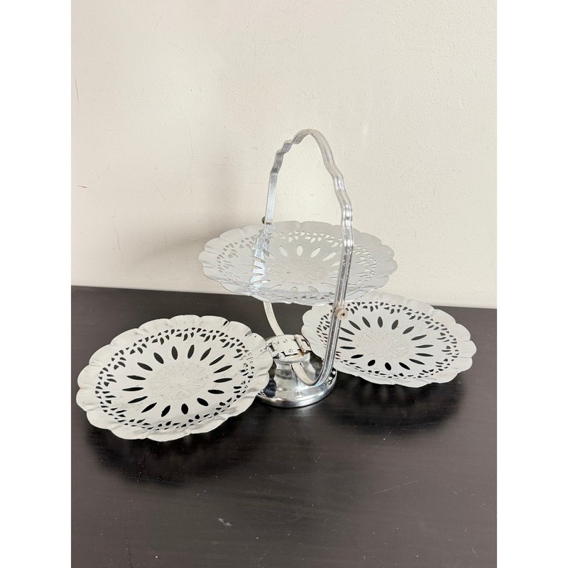 Vintage Chrome 3 Tier Folding Dessert Stand Filigree Pierced Metal Serving Tray