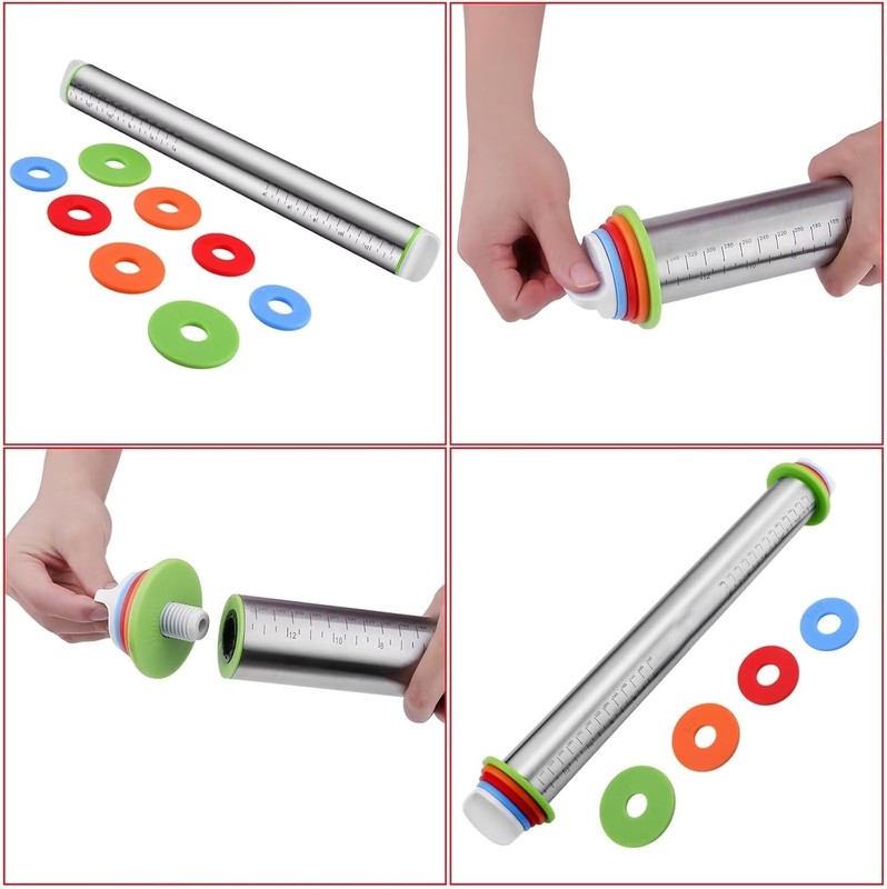 Stainless Steel Rolling Pin and Silicone Mat Set, Adjustable Thickness Rings ... gallery