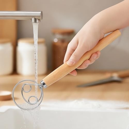 Danish Dough Whisk with Wooden Handle, 12.5 Inch Dutch Stainless steel-2 eye gallery