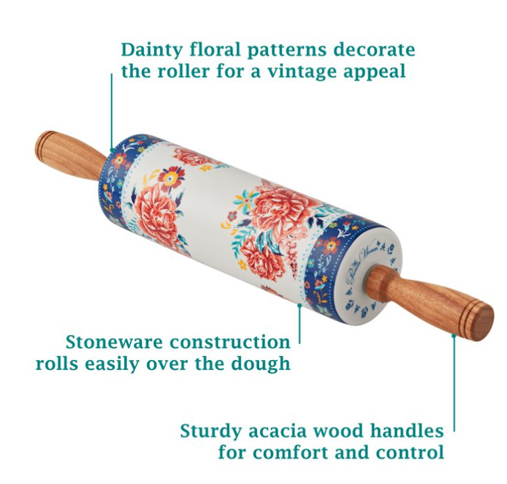 The Pioneer Woman Keepsake Floral Ceramic Rolling Pin with Wood Holder gallery