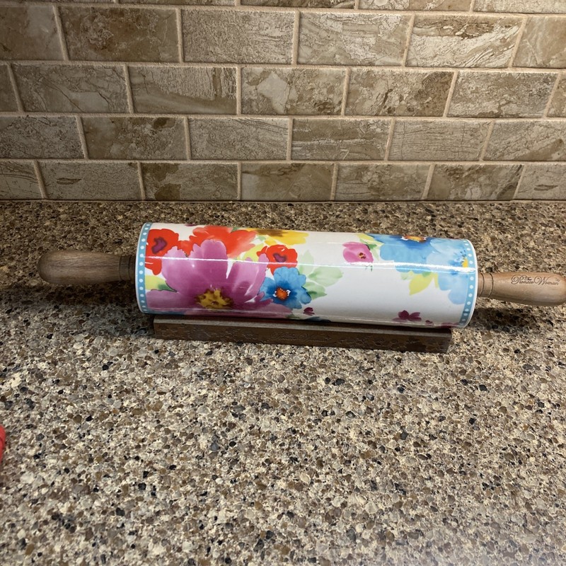 Pioneer Woman Breezy Blossoms Ceramic Rolling Pin Wooden Handles Wood Stand
