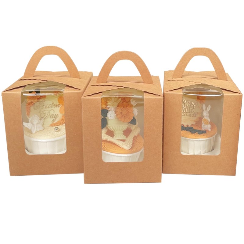 60 PCS Individual Cupcake Boxes with Window Brown 3.7×3.7×4.3 Inch Carrier