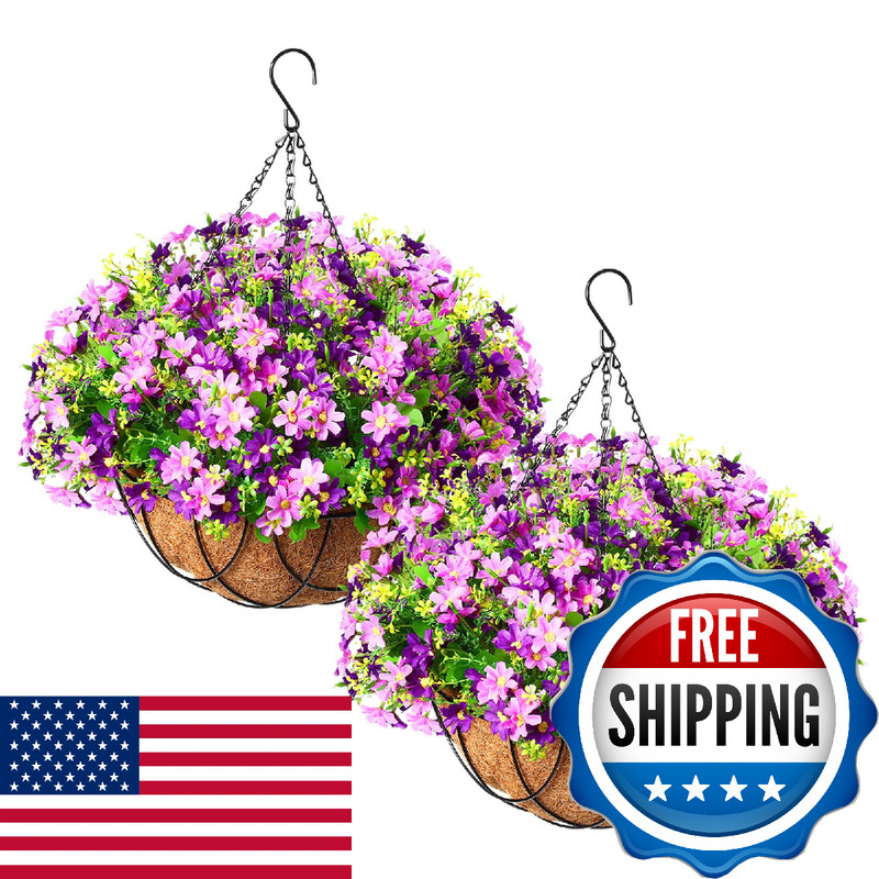 Hotop 2 Pack Artificial Hanging Baskets Flowers For Outdoors Fake Hanging