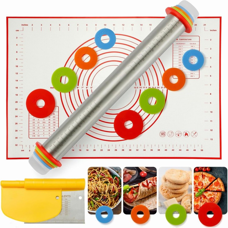 Rolling Pin, Rolling Pins Thickness Rings and Silicone Baking Pastry Mat Set, St