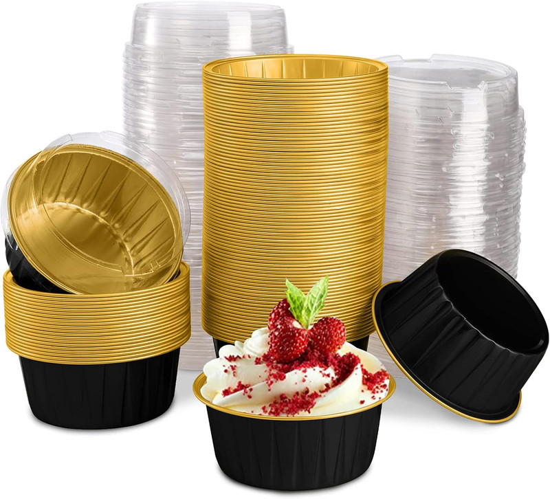100 Pieces Aluminum Foil Baking Cups with Lids, 5Oz Disposable Ramekin Cupcake L