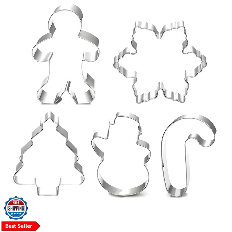 Christmas Cookie Cutter Set – 5 Piece Holiday Cookies Molds – Snowman, Christ…