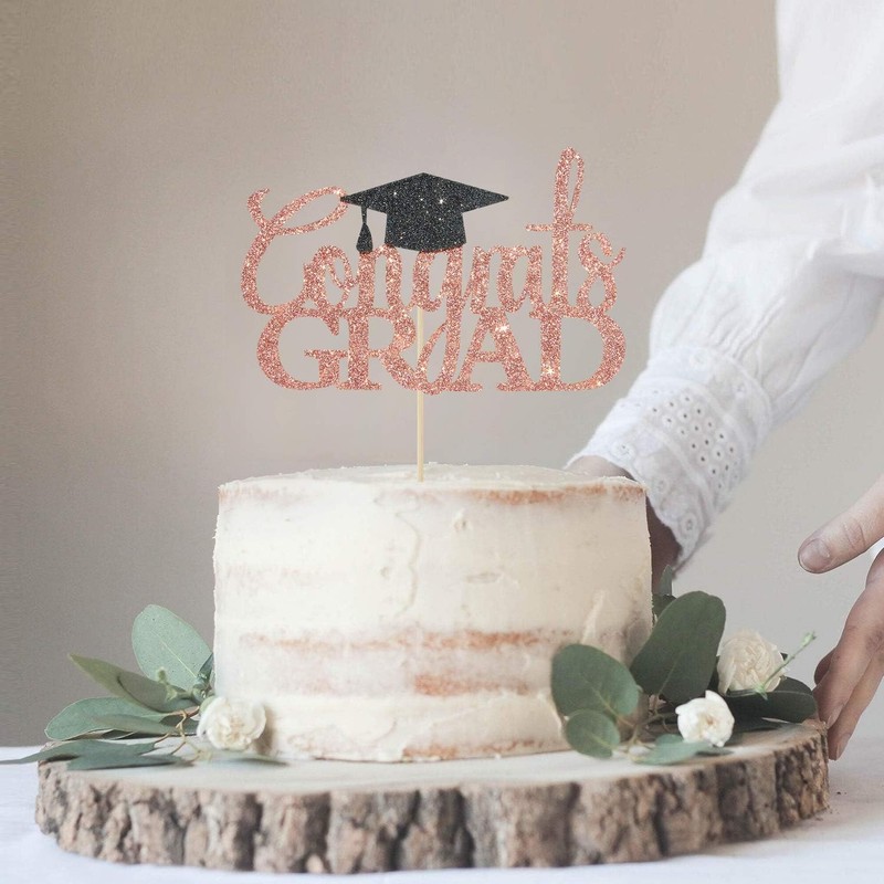 Rose Gold Glitter Congrats Grad Cake Topper - 2026 Graduation Decorations - High gallery