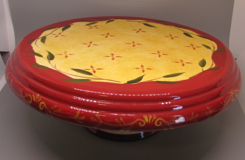 Cake Pedestal Plate/Chip & Dip Signed Pottery Red Yellow gallery
