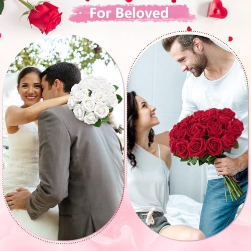 50 Pcs Roses Artificial Flowers, Real Touch Velvet Roses Bouquet 50pcs White gallery