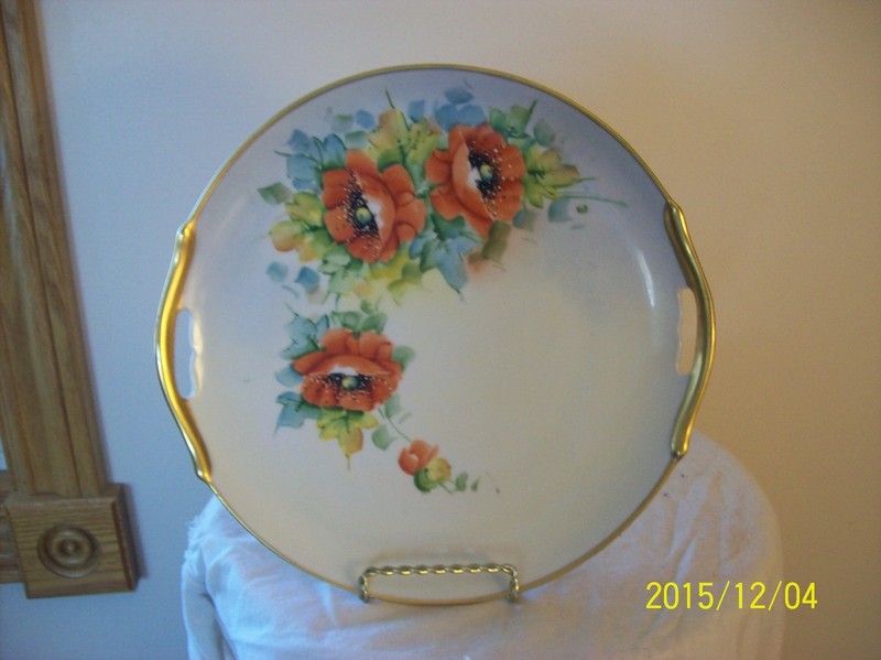 Nippon Vintage Porcelain Poppy Orange Floral Double Handled Serving Cake Platter
