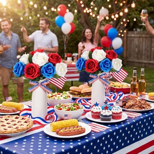 2 Sets 4th of July Artificial Flowers and Vase Red Blue White Patriotic Rose gallery
