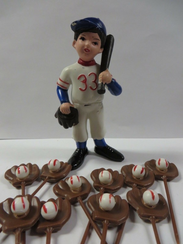 Vintage Lot Wilton BASEBALL PLAYER Cake Topper MITT & BALL Cupcake Picks Retro