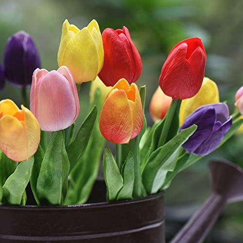 Real Touch Tulips Artificial Flowers – 15 Stems Faux Tulip Bouquet #9 Rainbow gallery