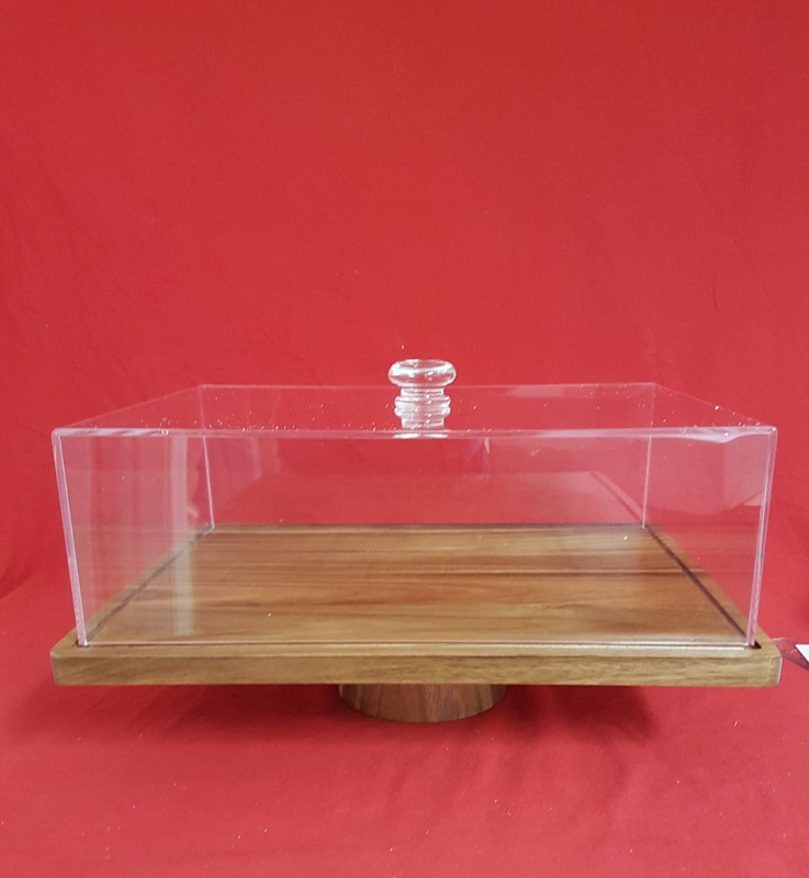 KRBNK 17" Rectangular Cake Stand. Acacia Wood Board & Base and Acrylic Lid. NEW. gallery