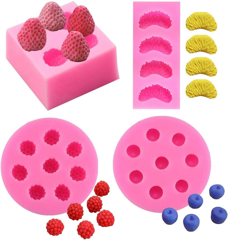 4Pcs Strawberry, Tangerine Segment, Raspberry and Blueberry Fondant Molds, 3D