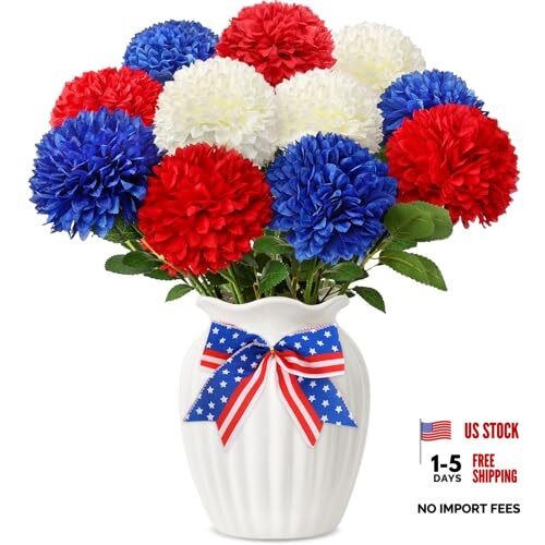 12 Pcs Artificial Chrysanthemums Flowers Patriotic Flower, 4th of July Fake