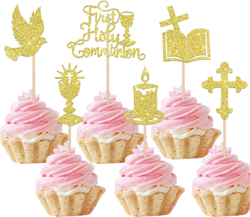 36 PCS First Holy Communion Cupcake Toppers Glitter Dove Cross God Bless Cupcake gallery