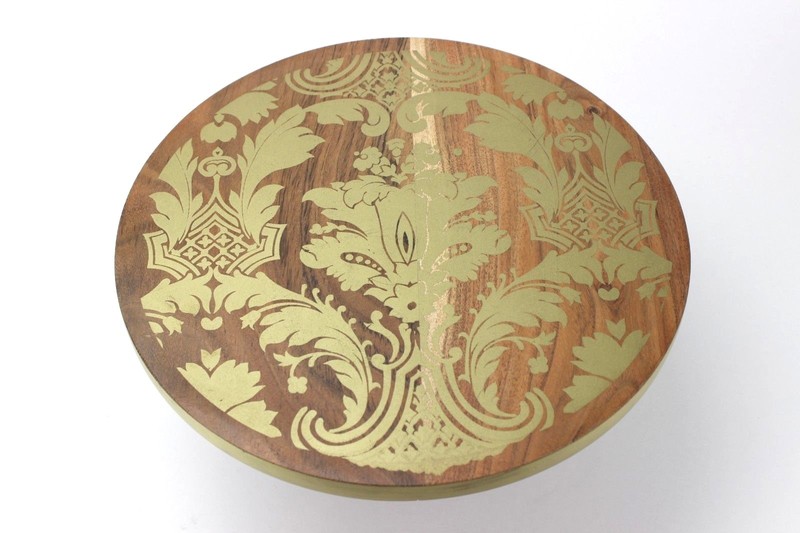 Thirstystone Wood Cake Stand with Gold-Tone Damask Design New gallery