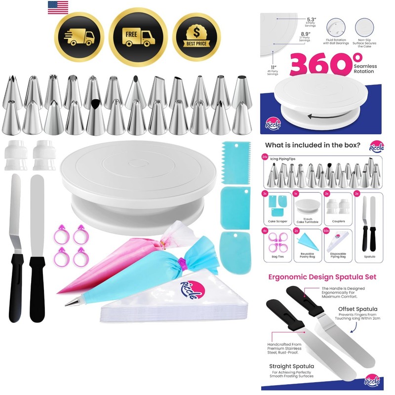 88 pcs Cake Decorating Kit with Cake Turntable – Includes 50 Disposable + 2 R…