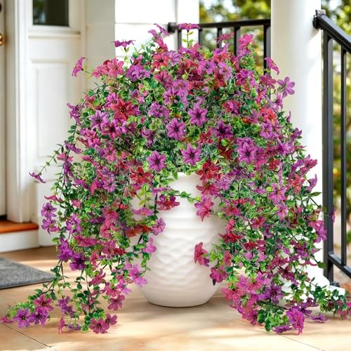 Artificial Hanging Flowers for Outdoors,2Pcs Fake Hanging Light Purple Red gallery