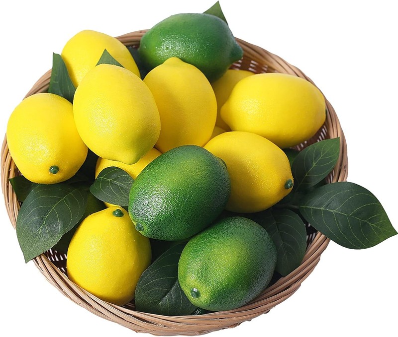 Fake Fruit Artificial Lemons 24 Pcs, Faux Lemon Leaves 12 Pcs Lifelike