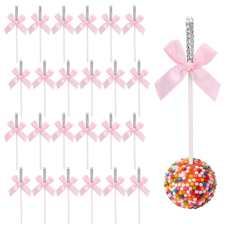 24Pcs Bling Rhinestone Cake Sticks Bow Lollipop Cake Toppers Pick Silver,