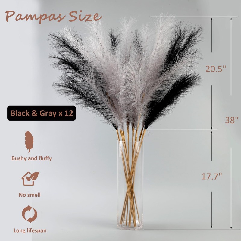 Acfruits 12 Pcs Black And Gray Faux Pampas Grass Decor 38/3.1Ft Tall Fake gallery