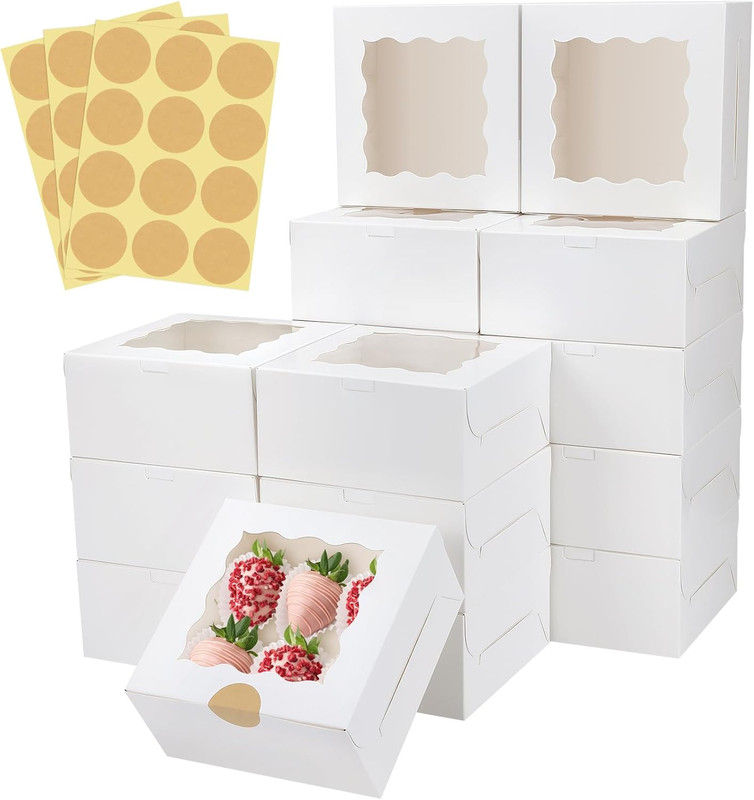 30 Pcs White Bakery Boxes with Window, 6 X 6 X 3 Inches, White Paperboard Treat